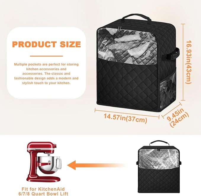 Stand Mixer Cover with Storage Pockets - Dust Proof Blender Storage Bag for 6-8 qt Mixers, Fits Most Blenders & Kitchen Appliances | Multi-Pocket Organizer with Carry Handle (Black)
