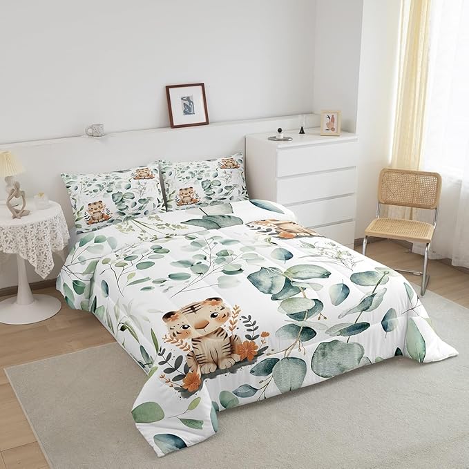 Erosebridal Kids Cute Animal Toddler Comforter Set for Girls Boys Cartoon Tiger Bedding Set, Spring Eucalyptus Bedding Comforter Sets Leaves Duvet Set, Kawaii Jungle Animal Quilted Comforter