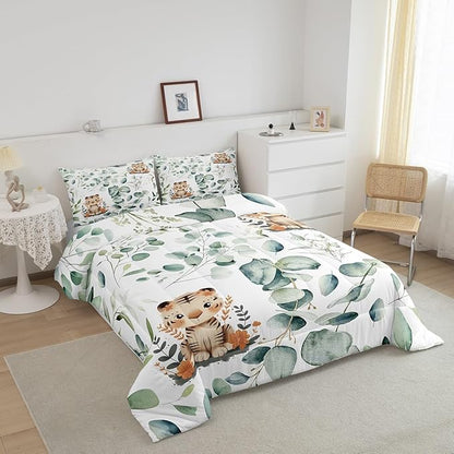 Erosebridal Kids Cute Animal Full Bedding Sets for Girls Boys Cartoon Tiger Comforter Set, Spring Eucalyptus Bedding Comforter Sets Watercolor Leaves Duvet Insert, Kawaii Jungle Animal Down Comforter