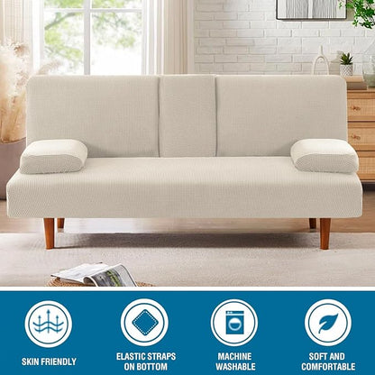 H.VERSAILTEX 4 Pieces Stretch Futon Covers Sofa Bed Slipcover with Removable Armrests and Cupholders Covers Furniture Protector High Spandex Small Checks Jacquard Fabric, Island Fossi