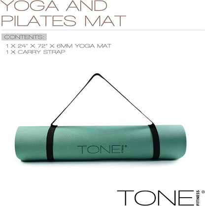 TONE Fitness Yoga Mat 1/4" Thick Non Slip Exercise & Pilates Mat for Home Workouts with Carrying Strap | Multiple Options