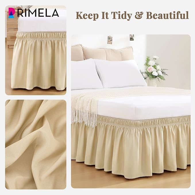 RIMELA Beige White Bed Skirt King Size 15 Inch Drop, Elastic Bed Skirting for Bed Base and Frame, Bedding Dust Ruffle Easy to Install, Lightweight Wrap Around Adjustable Bedskirt