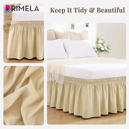 RIMELA Beige White Bed Skirt Queen Size 15 Inch Drop, Elastic Bed Skirting for Bed Base and Frame, Bedding Dust Ruffle Easy to Install, Lightweight Wrap Around Adjustable Bedskirt
