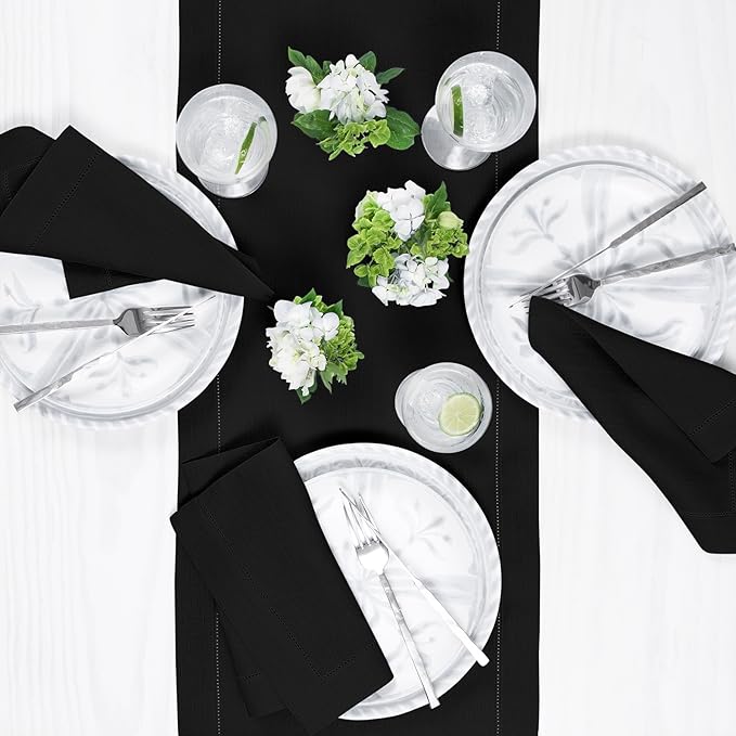 Solino Home Linen Black Table Runner 48 Inches - Classic Hemstitch, 100% Pure Linen Coffee Table Runner 14 x 48 Inch Ideal for Dresser Tables - Winter, Holiday, Christmas