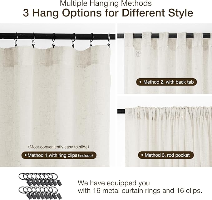 Anmao Natural Linen Curtains for Living Room 54 Inch Length 2 Panels Set, Light Filtering Semi Sheer Window Curtain Drapes for Bedroom with Curtain Rings and Clips, 52Wx54L, Ivory