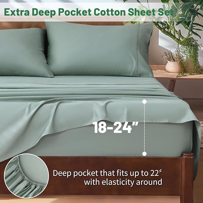 Extra Deep Pocket Queen Sheets 18-24 Inch 100% Egyptian Cotton 1000 Thread Count Sateen Weave Soft Breathable 4 Pieces（Queen,Sage Green）