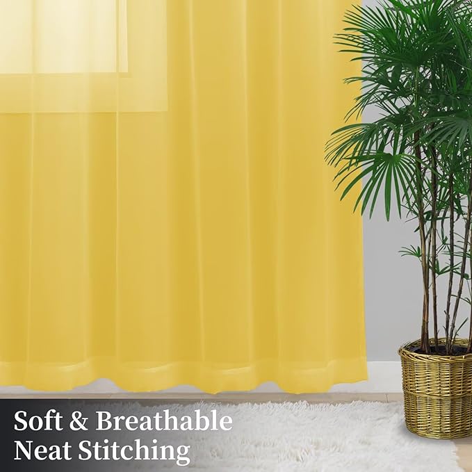 Sheer Curtains 63 Inches Long 2 Panels, Rod Pocket Short Curtain for Kitchen, Bedroom, Cafe Window(Yellow 38" W x 63" L)