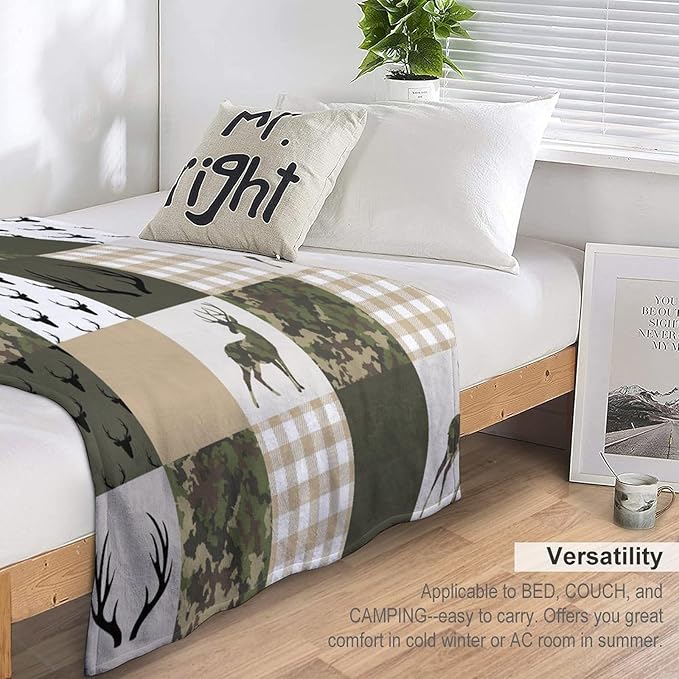 Camouflage Deer Blanket, Vintage Camo Green Beige Plaid Rustic Cabin Wildlife Hunting Blankets for Mens Room Bed Sofa, 40"x50"