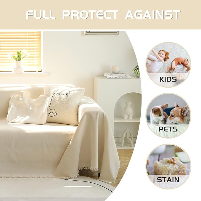 MEETSKY Couch Cover for 2 Cushion Couch Sofa Covers Washable Chenille Sectional Couch Covers for Pets with Tassel Durable Furniture Protector, 91" x 118", Beige