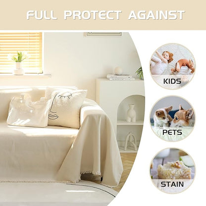 MEETSKY Couch Cover for 2 Cushion Couch Sofa Covers Washable Chenille Sectional Couch Covers for Pets with Tassel Durable Furniture Protector, 91" x 118", Beige