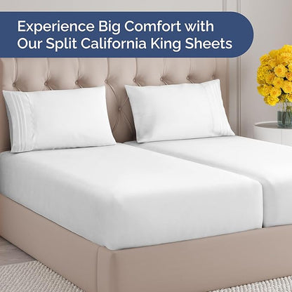 Split California King Bed Sheets - Extra Soft Split California King Sheets Sets – Designed for Split California King Mattresses – Cal King Split Fits 14" to 16" Deep Pocket Fitted Sheet Set – White