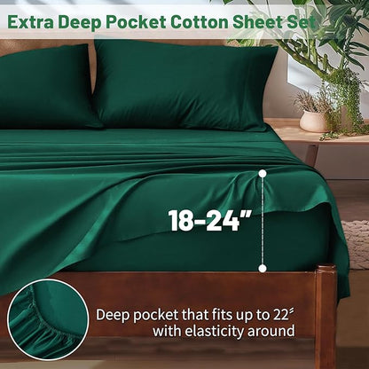 Extra Deep Pocket King Sheets 18-24 Inch 1000 Thread Count 100% Egyptian Cotton Sateen Weave Soft Breathable 4 Pieces（King，Dark Green）