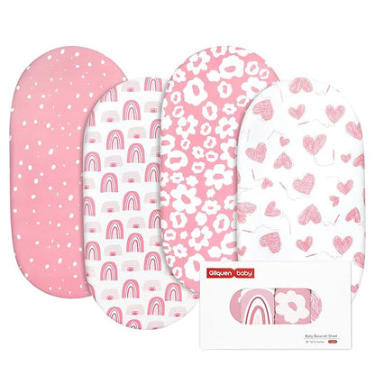 Gllquen Baby Bassinet Sheets 4 Pack, Breathable Cozy Fitted Mattress Sheet, Elastic Travel Crib Fashionable Floral Pattern, Standard Cradle Safe Sheets for Baby Boys Girls 32"x16"(Love)