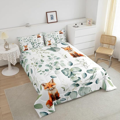 Erosebridal Girls Cartoon Animal Twin Comforter Set for Kids Toddler Kawaii Fox Bedding Set Twin, Woodland Wildlife Bedding Comforter Sets Jungle Wild Fox Duvet Set, Green Eucalyptus Quilted Comforter