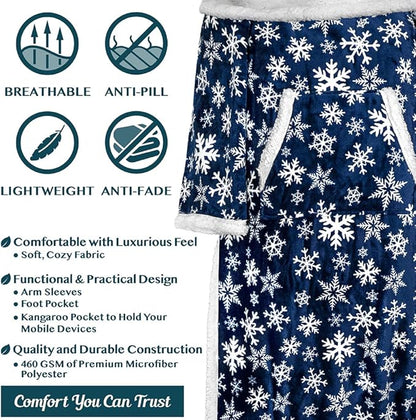 PAVILIA Sherpa Blanket with Sleeves, Foot Pocket for Women Men Adults, Thick Wearable Blanket Throw Wrap, Fleece Warm Snuggle Blanket Robe, Cozy Gift Ideas Wife Mom, Snowflake Blue