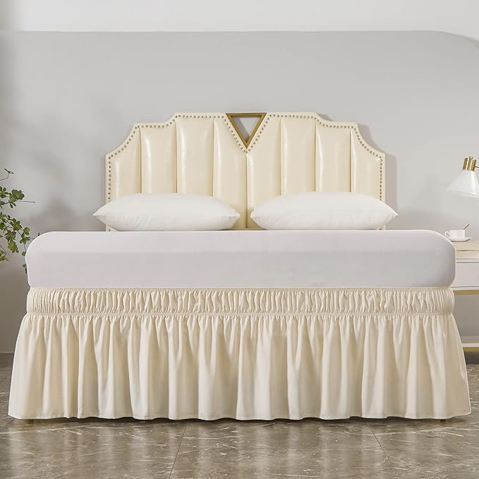 MEILA Wrap Around Bed Skirt Three Fabric Sides Elastic Dust Ruffled 16 Inch Tailored Drop,Easy to Install Fade Resistant-Beige, Twin/Full