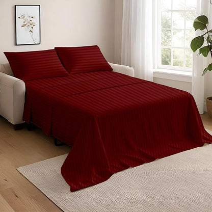 NON Sticky cotton Full Size Sleeper Sofa Sheets, 4 Piece Egyptian Cotton Bed Sheet Set for Sofa Bed, 8" Deep Pocket for Pull Out Couch Mattress, 54" x 75", Burgundy Stripe, Soft & Breathable