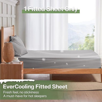 MR&HM King Fitted Sheet Only, Ultra-Soft Rayon Derived from Bamboo & Polyester Blend, Silky & Breathable, 15" Deep Pocket with Elastic Straps, Cooling Fitted Sheet for Hot Sleepers, Silver Grey