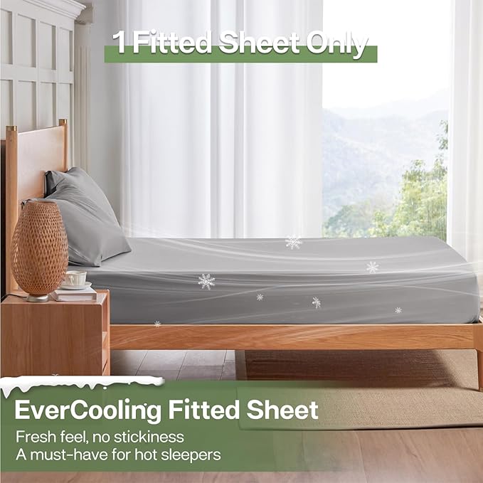 MR&HM Queen Fitted Sheet Only, Ultra-Soft Rayon Derived from Bamboo & Polyester Blend, Silky & Breathable, 15" Deep Pocket with Elastic Straps, Cooling Fitted Sheet for Hot Sleepers, Silver Grey