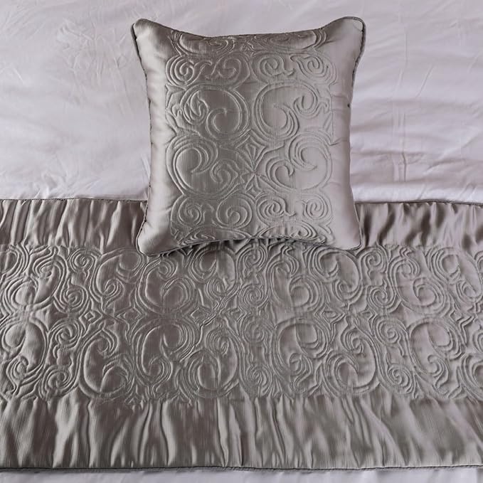 The HomeCentric Handmade Silver King 90 x 18 inch Bed Runner with 2 Matching Pillow Cover, Satin Quilted Bed Scarf, Abstract Modern - Silver Soft