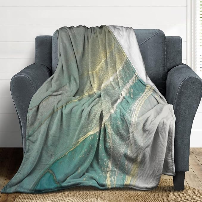 Abstract Marble Blanket, Modern Luxury Baroque Golden Lake Green Stone Veins Pattern Soft Warm Cozy Plush Flannel Covers for Livingroom Bedroom Couch Chair Camping Travel Home Decor Tapestry 50x60in