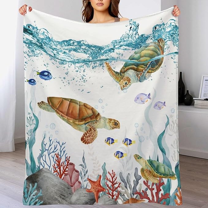 Sea Turtle Throw Blanket, Teal Blue Ocean Underwater Animal Starfish Fish Nautical Coastal Theme Fleece Flannel Blanket for Couch Sofa Bedroom Adults Kids, 50"x60"