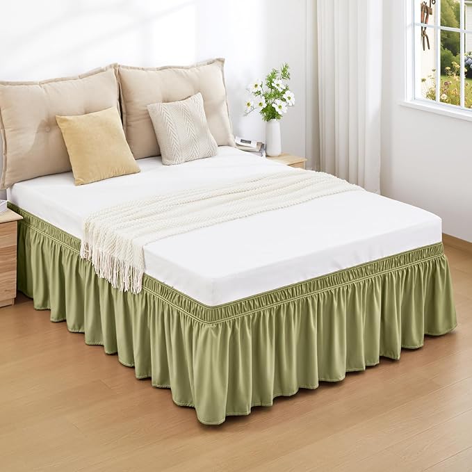 RIMELA Sage Green Bed Skirt Queen Size 15 Inch Drop, Elastic Bed Skirting for Bed Base and Frame, Bedding Dust Ruffle Easy to Install, Wrap Around Adjustable Bedskirt
