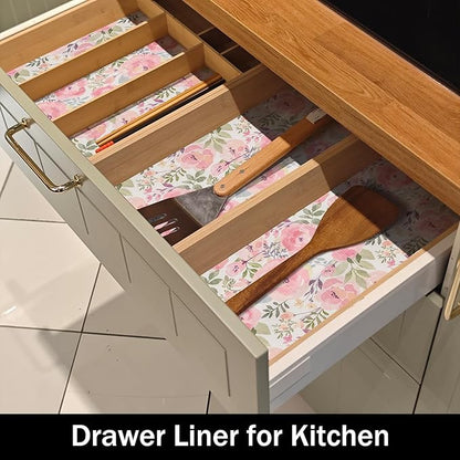 Peach Peony Shelf and Drawer Liner for Kitchen,Non-Adhesive and Strong Non-Slip Floral Cabinet Drawer Liners for Kitchen Shelf, Waterproof Cupboard Liners,Easy to Clean,12IN x 10FT
