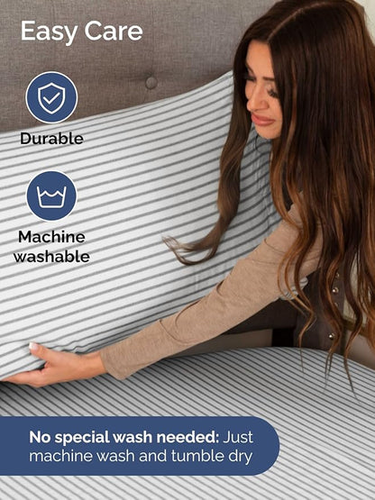 Extra Deep Pocket Split King Sheets - 5 Piece Breathable & Cooling Bed Sheets - Hotel Luxury Bed Sheet Set - Soft, Wrinkle Free & Comfy - Easily Fits Extra Deep Mattresses - Grey Striped Sheets Set