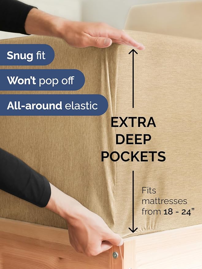 Extra Deep Twin XL Fitted Sheet - Hotel Luxury Single Fitted Sheet Only - Easily Fits 18 inch to 24 inch Mattress - Ultra Soft, Wrinkle Free w/Extra Deep Pockets - Breathable & Comfy - Heathered Tan
