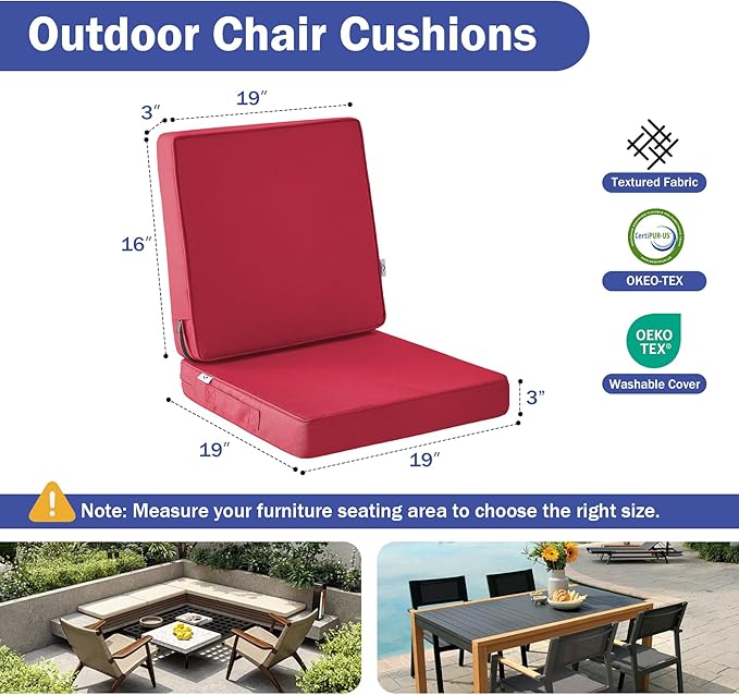 Outdoor Chair Cushions, Christmas Red Patio Chair Cushions 19x19x3 Inch, Waterproof Outdoor Cushions with Removable Cover for Sofa, Fade Resistant Patio Cushions for Outdoor Furniture