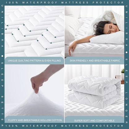 Twin Size Waterproof Mattress Protector Quilted, Breathable Ultra-Soft Filling Mattress Pad, Fitted Deep Pocket Mattress Cover Fits 6''-19'' Mattress White