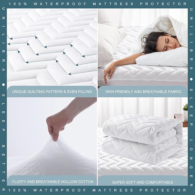 King Size Waterproof Mattress Protector Quilted, Breathable Ultra-Soft Filling Mattress Pad, Fitted Deep Pocket Mattress Cover Fits 6''-25'' Mattress White