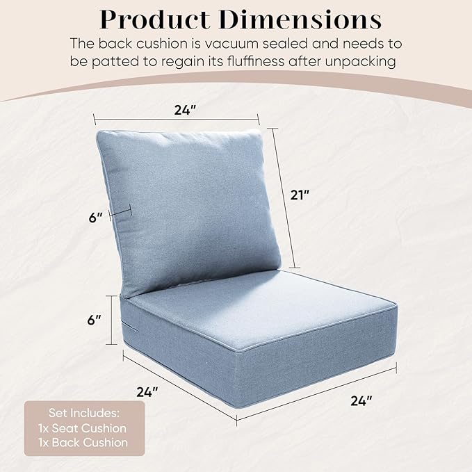 Luxury Outdoor Seat Cushion Set-24 x 24 x 6 Inch Outdoor Chair Cushions Set of 2 with Water Resistant & Removable Cover Outdoor Cushions for Patio Furniture Chair Sofa Couch