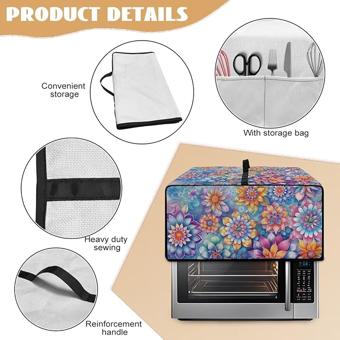 Boho Mandala Floral Print Microwave Oven Dust Cover with Storage Bags Universal Toaster Oven Cover Waterproof Polyester-Linen Fabric Kitchen Appliance Protector, S