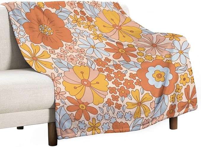 Retro 70s Floral Blanket, Hippie Summer Groovy Flower Power Flower Boho Print Throw Blanket for Couch Sofa Couch Chair 60"x80"