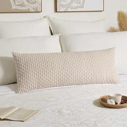 Kevin Textile 14x36 Inch Long Lumbar 1 Pack Boho Decorative Throw Pillow Cover Soft Striped Corduroy Rectangle Cushion Case Farmhouse Solid Color Accent for Living Room Couch Sofa Bed, Cream White