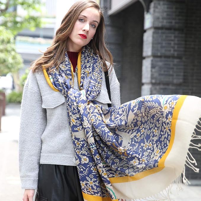 DANA XU 100% Merino Wool Pashmina Shawl for Women 96"x43", Oversized Cashmere Wrap with Tassels, Floral Travel Blanket Cape