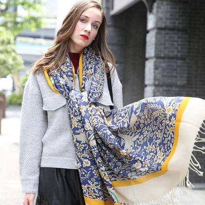 DANA XU 100% Merino Wool Pashmina Shawl for Women 96"x43", Oversized Cashmere Wrap with Tassels, Floral Travel Blanket Cape