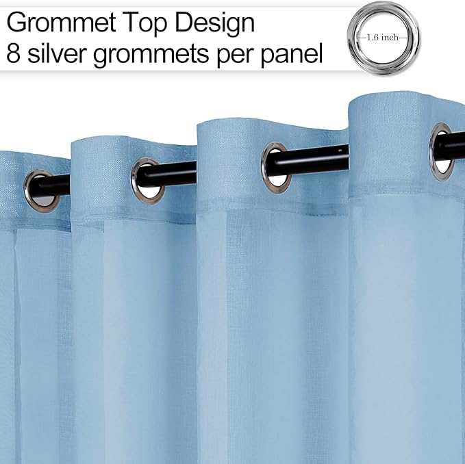 XWZO Sheer Curtains 84 Inches Long for Bedroom, Light Filtering Faux Linen Grommet Window Curtains for Living Room, Kids Room, Study with Tiebacks, Baby Blue, W52 x L90, Set of 2 Panels