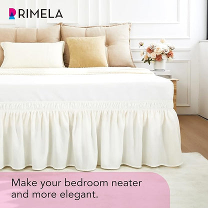 RIMELA Bed Skirt Queen Size 15 Inch Drop, Wrap Around Elastic Bedskirt for Home, Room Decoration for Women, Pleated Adjustable Dust Ruffle, Warm White, Easy to Install