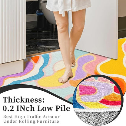 9CH Colorful Abstract Area Rug 7' X 5' 70s Aesthetic Colorful Striped Washable Faux Wool Rugs Non Slip Soft Cute Nursery Carpet for Girls Bedroom Dorm