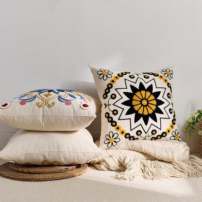 Embroidered Throw Pillow Cover 18x18 Classic Boho Floral Pattern Pillows Cover Outdoor Decorative Pillowcase,Durable Cozy Textured Cushion Case for Sofa Couch Bed Living Room,Black Orange
