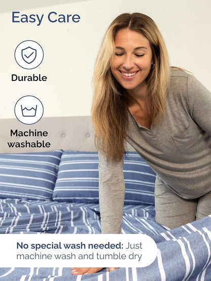 Extra Deep Pocket King Sheets - 4 Piece Breathable & Cooling Bed Sheets - Hotel Luxury Bed Sheet Set - Soft, Wrinkle Free & Comfy - Easily Fits Extra Deep Mattresses - Deep Pocket Blue Striped Sheets