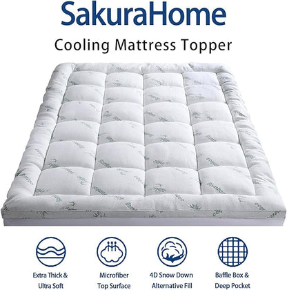 Mattress Topper Full Size, Cooling Extra Thick Breathable Viscose Made from Bamboo Mattress pad, Soft Quilted Fitted Mattress Cover with 1000 GSM Down Alternative Fill (8-21”Deep Pocket)