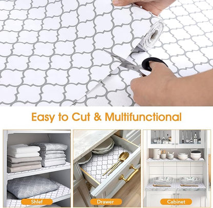 Shelf and Drawer Liner for Kitchen Cabinets Non-Adhesive, Strong Grip Non-Slip Thickened Cabinet Liners for Shelves, Waterproof Mats for Dresser Cupboard, White/Gray, 23 in x 20 Feet
