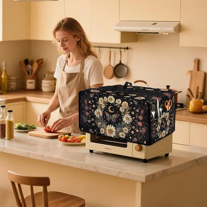 Vintage Daisy Butterfly Moon Print Toaster Oven Cover with Storage Bags Dust Cover for Microwave Oven Polyester-Linen Small Appliance Dust Covers Fits Most Microwaves, M