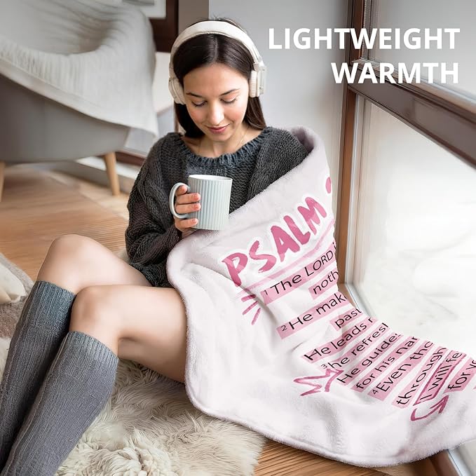 Coquette Pink Bow Christian Blanket, Psalm 23 Bible Verse Throw Blankets for Girly Room Bedroom Dorm Couch Bed Decor, Preppy Religious Blanket, Christian Gifts for Women Girls, 50x60 Inch