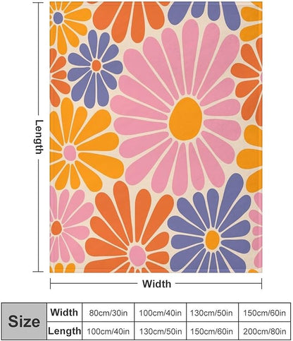 1970s Hippie Floral Throw Blanket, Retro Orange Pink Blue Flower Boho Groovy Daisy Flowers Comfortable Blanket for Couch Sofa Couch Chair 50"x60"