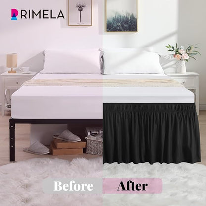 RIMELA Bed Skirting Queen Size Black Bed Skirt 25 Inch Drop, Wrap Around Elastic Adjustable Bedskirt, Dust Ruffle for Bed Frame & Box Spring Soft Durable Fabric Machine Washable Easy to Install